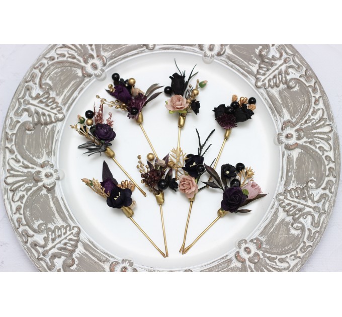  Set of 8 hair pins in  deep purple black gold beige color scheme. Hair accessories. Flower accessories for wedding. BLACK