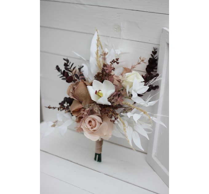 Wedding bouquets in beige white brown colors. Bridal bouquet. Cascading bouquet. Faux bouquet. Bridesmaid bouquet.Orchid bouquet.  0026