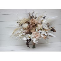 Wedding bouquets in beige white brown colors. Bridal bouquet. Cascading bouquet. Faux bouquet. Bridesmaid bouquet.Orchid bouquet.  0026