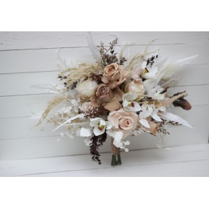 Beige white brown cascading bridal bouquet with orchids. 0026