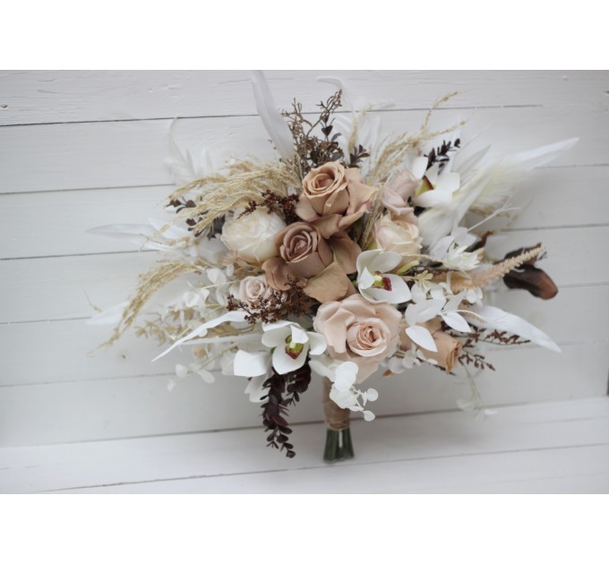 Wedding bouquets in beige white brown colors. Bridal bouquet. Cascading bouquet. Faux bouquet. Bridesmaid bouquet.Orchid bouquet.  0026