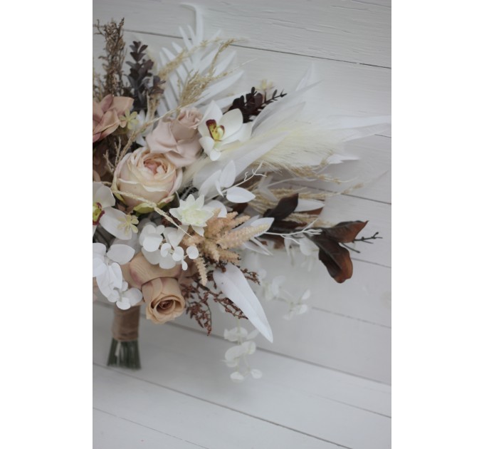 Wedding bouquets in beige white brown colors. Bridal bouquet. Cascading bouquet. Faux bouquet. Bridesmaid bouquet.Orchid bouquet.  0026