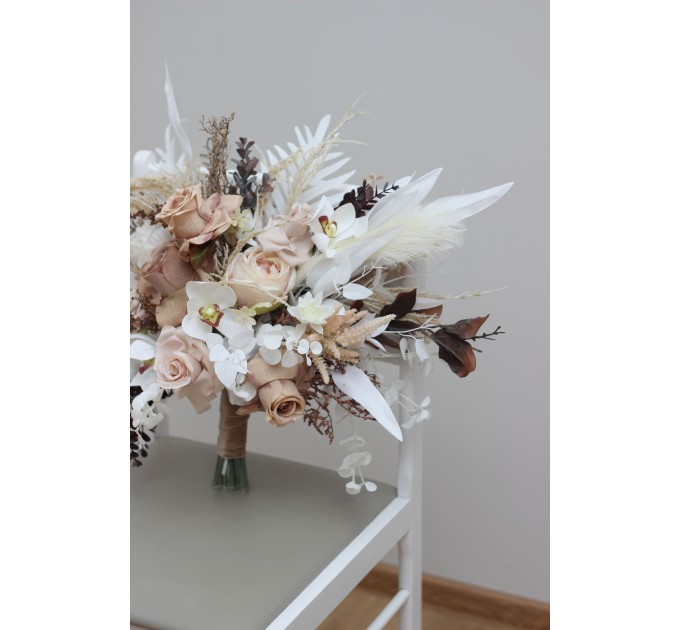 Wedding bouquets in beige white brown colors. Bridal bouquet. Cascading bouquet. Faux bouquet. Bridesmaid bouquet.Orchid bouquet.  0026