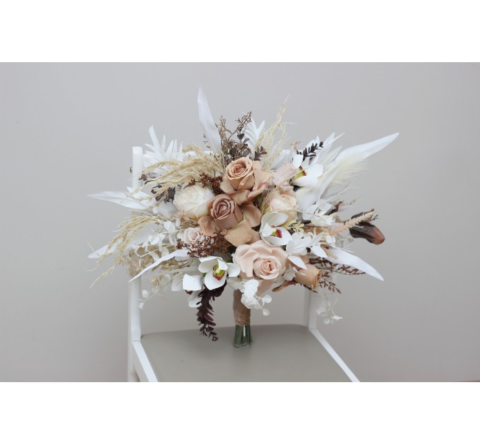 Wedding bouquets in beige white brown colors. Bridal bouquet. Cascading bouquet. Faux bouquet. Bridesmaid bouquet.Orchid bouquet.  0026