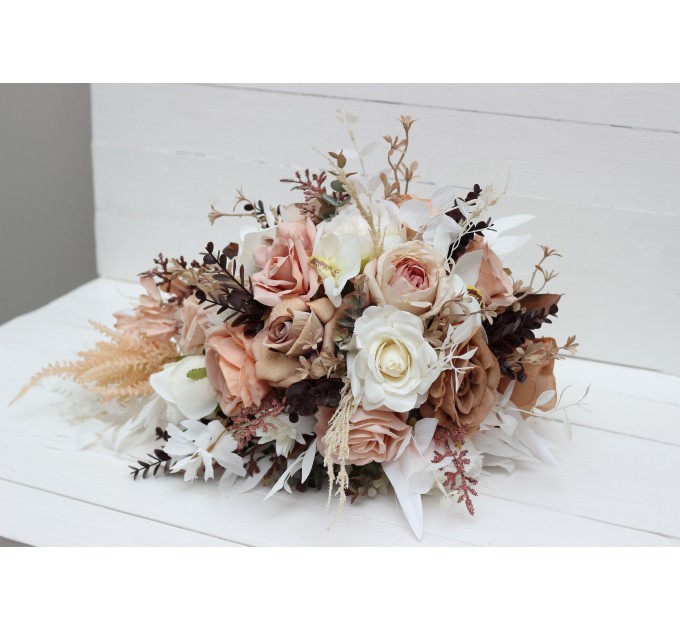 Wedding bouquets in beige white brown colors. Bridal bouquet. Cascading bouquet. Faux bouquet. Bridesmaid bouquet.Orchid bouquet.  0026