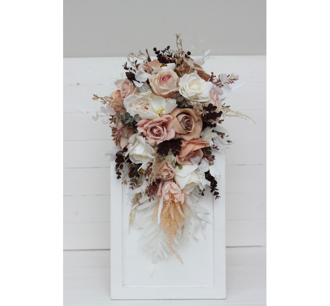 Wedding bouquets in beige white brown colors. Bridal bouquet. Cascading bouquet. Faux bouquet. Bridesmaid bouquet.Orchid bouquet.  0026