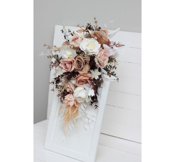 Wedding bouquets in beige white brown colors. Bridal bouquet. Cascading bouquet. Faux bouquet. Bridesmaid bouquet.Orchid bouquet.  0026