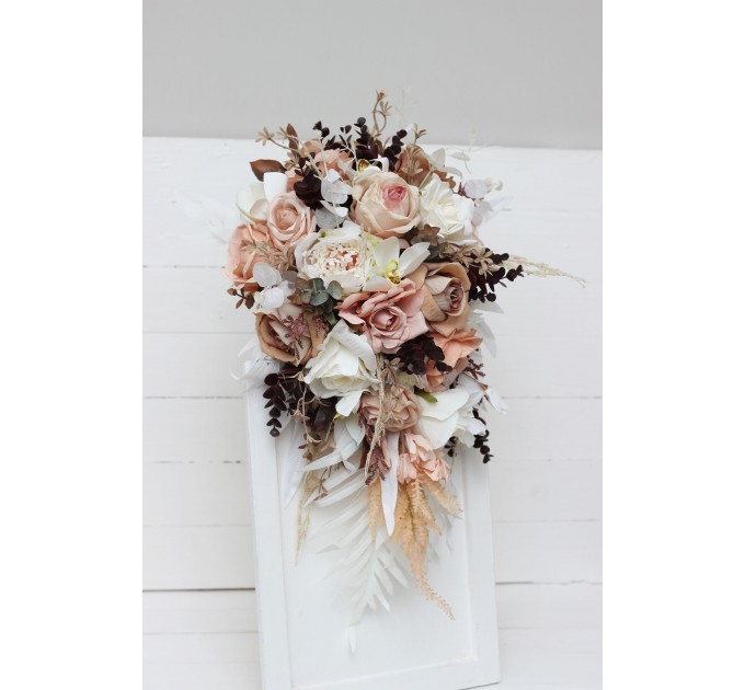 Wedding bouquets in beige white brown colors. Bridal bouquet. Cascading bouquet. Faux bouquet. Bridesmaid bouquet.Orchid bouquet.  0026