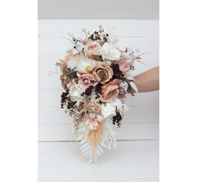 Wedding bouquets in beige white brown colors. Bridal bouquet. Cascading bouquet. Faux bouquet. Bridesmaid bouquet.Orchid bouquet.  0026