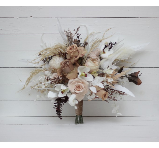 Wedding bouquets in beige white brown colors. Bridal bouquet. Cascading bouquet. Faux bouquet. Bridesmaid bouquet.Orchid bouquet.  0026