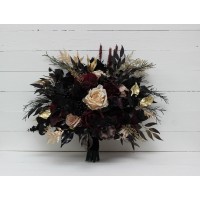 Wedding bouquets in deep purple black gold beige colors. Bridal bouquet. Cascading bouquet. Faux bouquet. Bridesmaid bouquet. Halloween wedding. Gothic black wedding bouquet. 5194