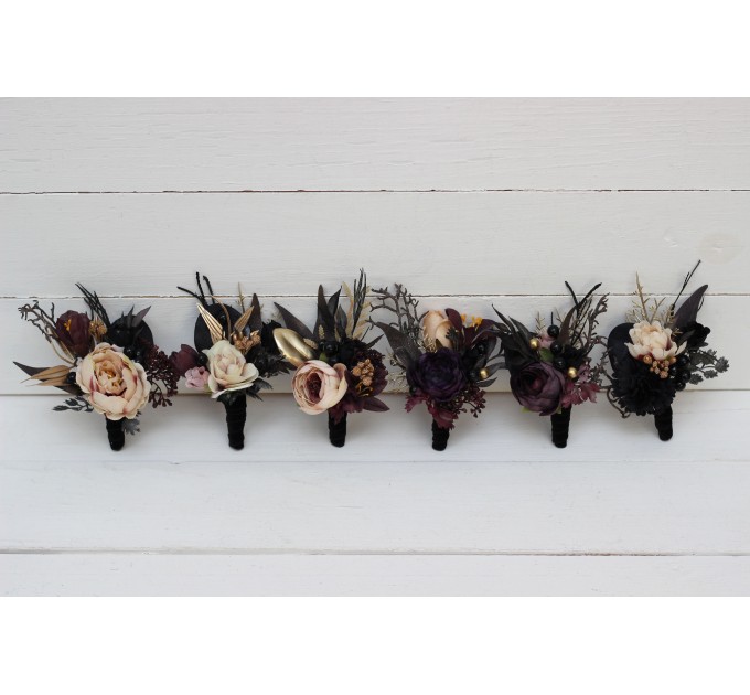  Wedding boutonnieres and wrist corsage  in purple black gold beige color theme. Flower accessories. BLACK