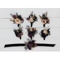 Wedding boutonnieres and wrist corsage  in purple black gold beige color theme. Flower accessories. BLACK