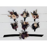  Wedding boutonnieres and wrist corsage  in purple black gold beige color theme. Flower accessories. BLACK