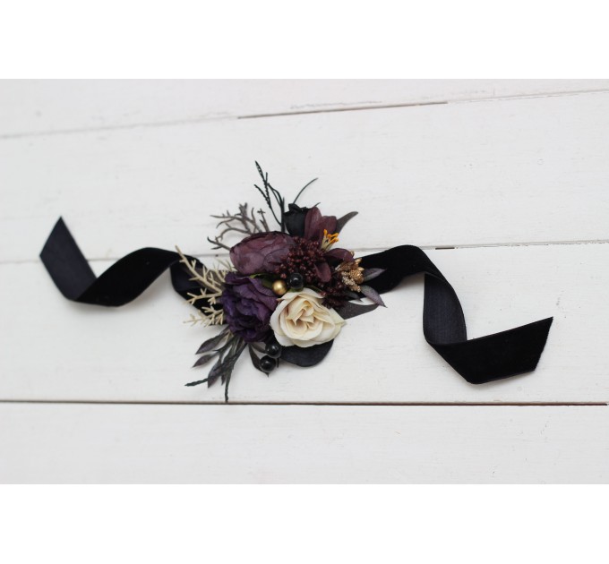  Wedding boutonnieres and wrist corsage  in purple black gold beige color theme. Flower accessories. BLACK