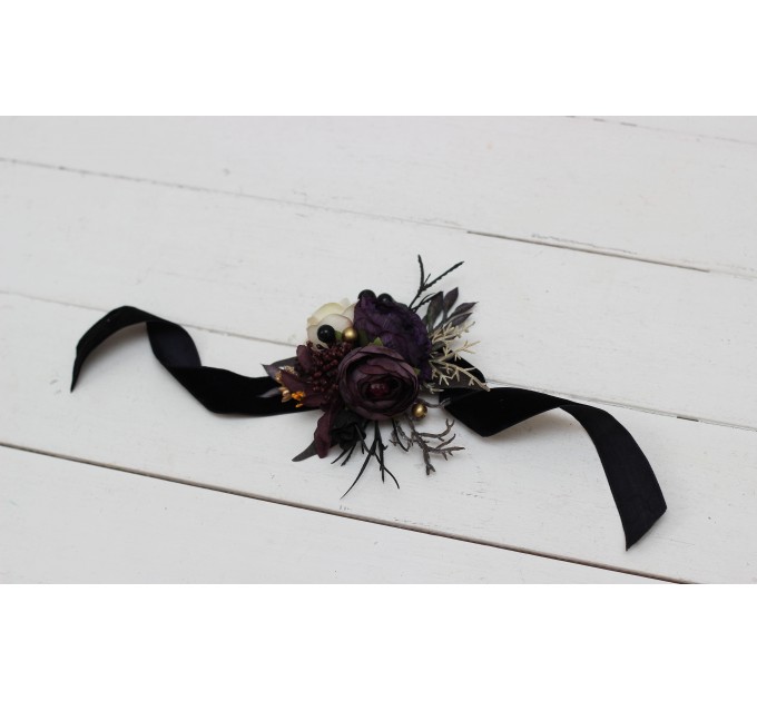  Wedding boutonnieres and wrist corsage  in purple black gold beige color theme. Flower accessories. BLACK