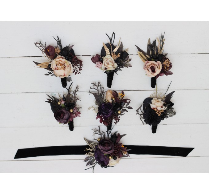  Wedding boutonnieres and wrist corsage  in purple black gold beige color theme. Flower accessories. BLACK