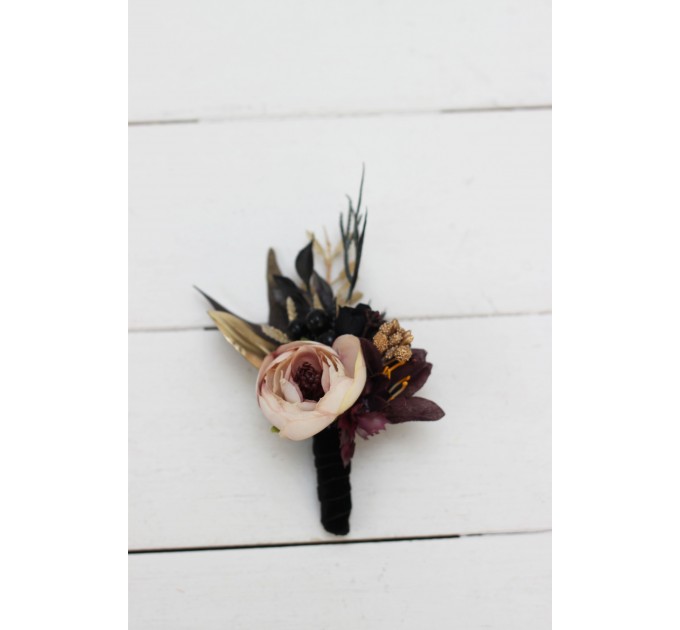  Wedding boutonnieres and wrist corsage  in purple black gold beige color theme. Flower accessories. BLACK
