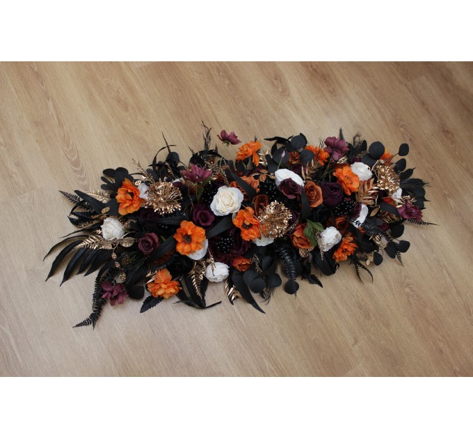 Flower Arch Arrangement in Purple, Black, Rust & Gold | Faux Floral Archway for Wedding