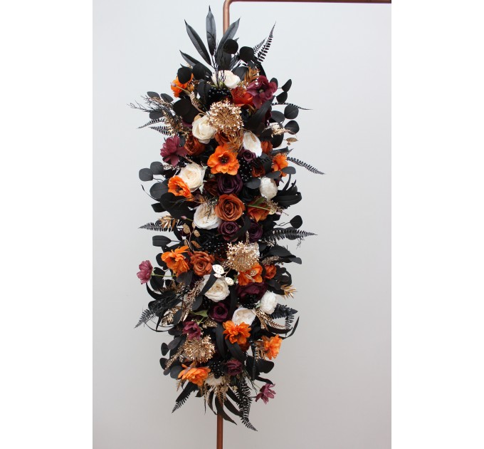 Flower Arch Arrangement in Purple, Black, Rust & Gold | Faux Floral Archway for Wedding