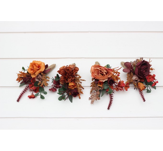 Wedding Boutonnieres & Wrist Corsage in Burgundy, Dusty Rose, Terracotta & Rust | Faux Flower Accessories