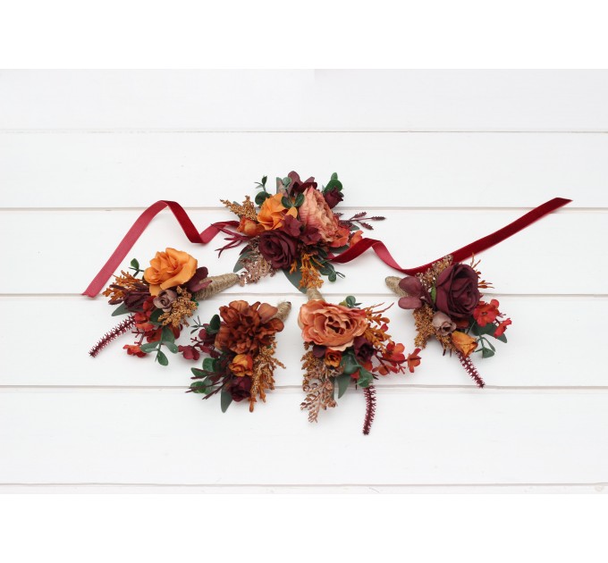 Wedding Boutonnieres & Wrist Corsage in Burgundy, Dusty Rose, Terracotta & Rust | Faux Flower Accessories