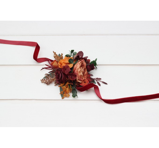 Wedding Boutonnieres & Wrist Corsage in Burgundy, Dusty Rose, Terracotta & Rust | Faux Flower Accessories
