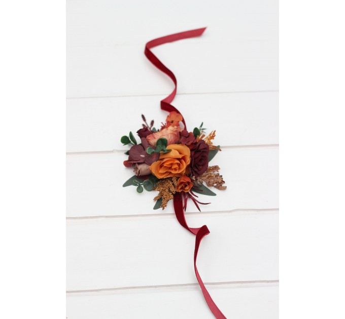 Wedding Boutonnieres & Wrist Corsage in Burgundy, Dusty Rose, Terracotta & Rust | Faux Flower Accessories