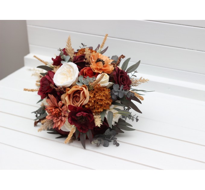 Wedding Bouquets in Rust, Burgundy & Ivory | Faux Bridal & Bridesmaid Bouquets
