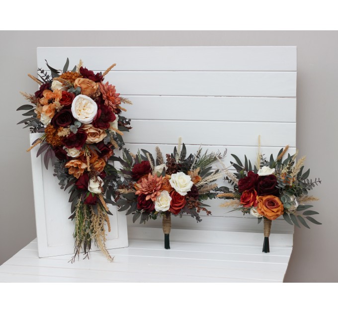 Wedding Bouquets in Rust, Burgundy & Ivory | Faux Bridal & Bridesmaid Bouquets