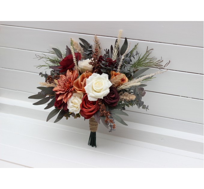 Wedding Bouquets in Rust, Burgundy & Ivory | Faux Bridal & Bridesmaid Bouquets