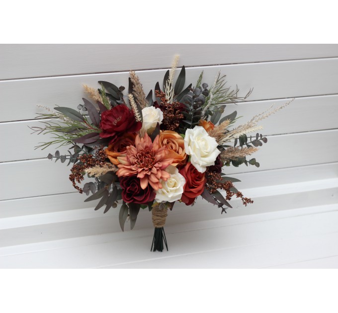Wedding Bouquets in Rust, Burgundy & Ivory | Faux Bridal & Bridesmaid Bouquets