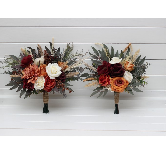 Wedding Bouquets in Rust, Burgundy & Ivory | Faux Bridal & Bridesmaid Bouquets