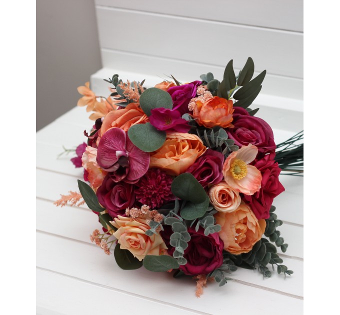 Wedding Bouquets in Magenta, Peach & Coral | Faux Bridal & Bridesmaid Bouquets