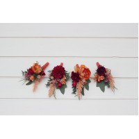  Wedding boutonnieres and wrist corsage  in magenta peach coral color scheme. Flower accessories. 5295
