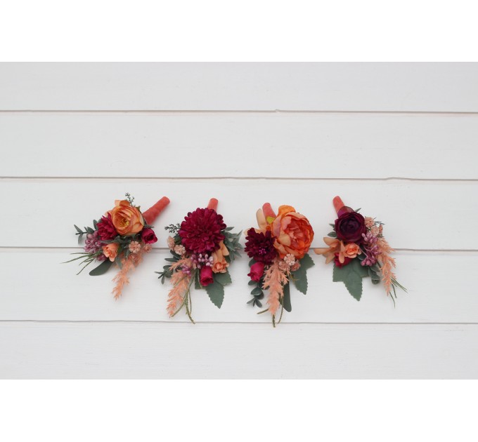 Wedding boutonnieres and wrist corsage in magenta peach coral color scheme. Flower accessories. 5295