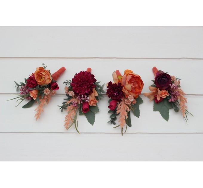 Wedding boutonnieres and wrist corsage in magenta peach coral color scheme. Flower accessories. 5295