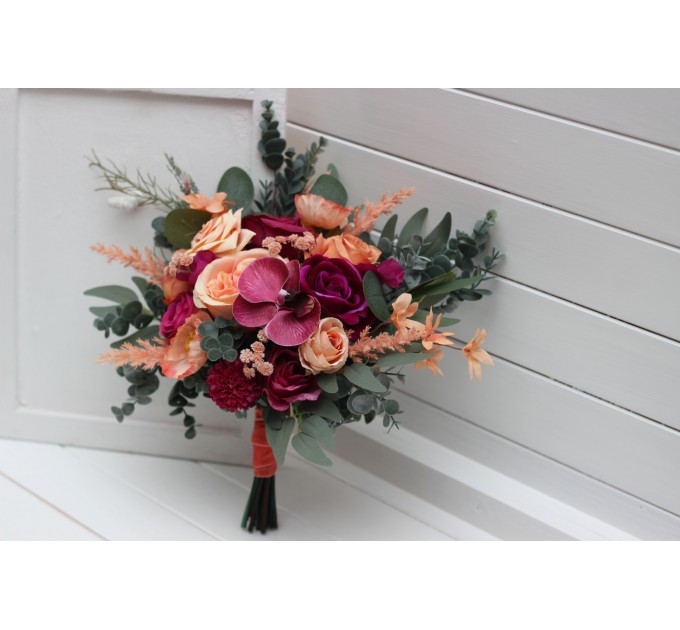 Wedding Bouquets in Magenta, Peach & Coral | Faux Bridal & Bridesmaid Bouquets