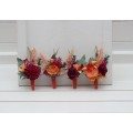 Wedding boutonnieres and wrist corsage in magenta peach coral color scheme. Flower accessories. 5295