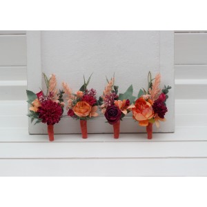  Wedding boutonnieres and wrist corsage  in magenta peach coral color scheme. Flower accessories. 5295