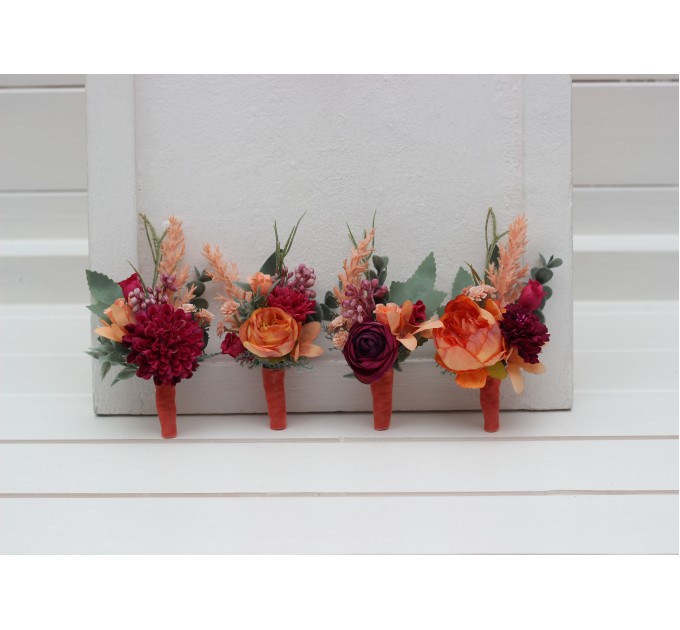 Wedding boutonnieres and wrist corsage in magenta peach coral color scheme. Flower accessories. 5295