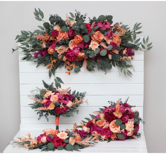 Flower Arch Arrangement in Magenta, Peach & Coral | Faux Floral Archway for Wedding