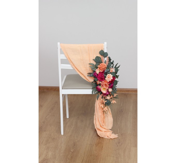 Aisle flowers in magenta peach coral scheme. Chair flowers. Sign flowers. Wedding flowers. Flowers for wedding decor. 5295