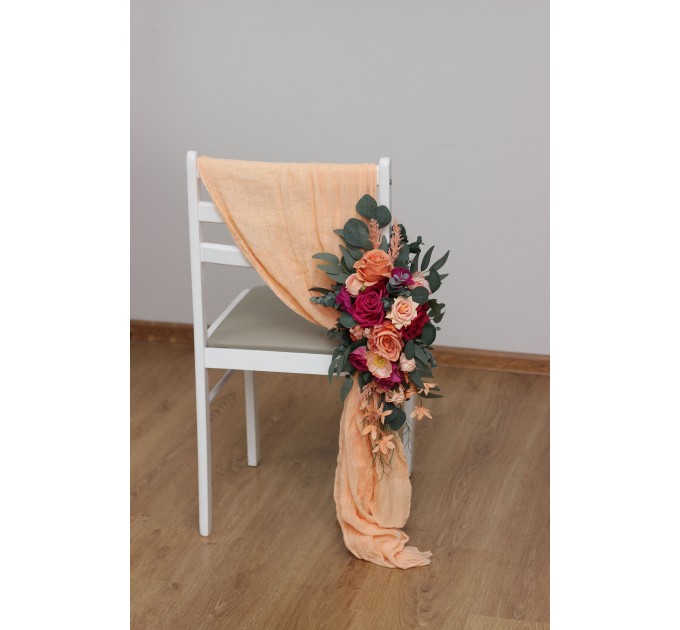 Aisle flowers in magenta peach coral scheme. Chair flowers. Sign flowers. Wedding flowers. Flowers for wedding decor. 5295