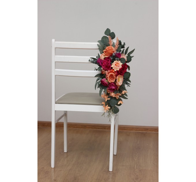 Aisle flowers in magenta peach coral scheme. Chair flowers. Sign flowers. Wedding flowers. Flowers for wedding decor. 5295