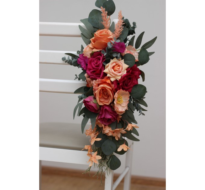 Aisle flowers in magenta peach coral scheme. Chair flowers. Sign flowers. Wedding flowers. Flowers for wedding decor. 5295