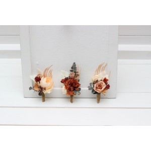  Wedding boutonnieres and wrist corsage  in terracotta brown creamcolor scheme. Flower accessories. 5100