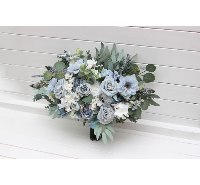 Dusty Blue & Sky Blue Bridal Bouquet | Peonies, Roses & Anemones with Sage Green for Boho Weddings