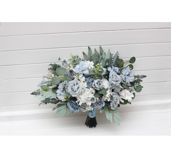 Dusty Blue & Sky Blue Bridal Bouquet | Peonies, Roses & Anemones with Sage Green for Boho Weddings