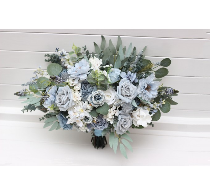 Dusty Blue & Sky Blue Bridal Bouquet | Peonies, Roses & Anemones with Sage Green for Boho Weddings